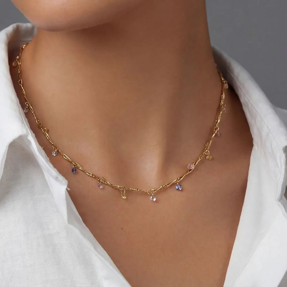 Twisted Stainless Steel Link Chain Necklace Women Fashion Summer Boho Jewelry Rainbow Crystal Charm Necklace
