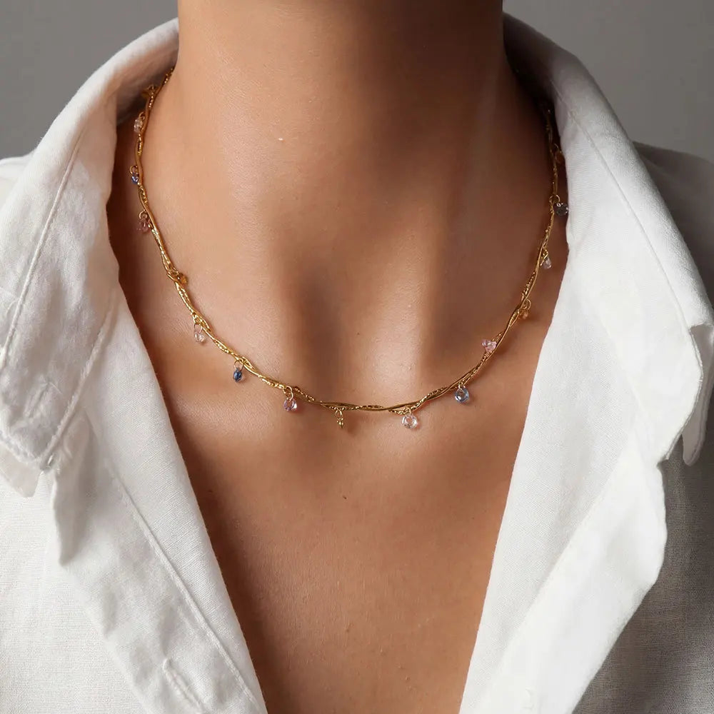 Twisted Stainless Steel Link Chain Necklace Women Fashion Summer Boho Jewelry Rainbow Crystal Charm Necklace
