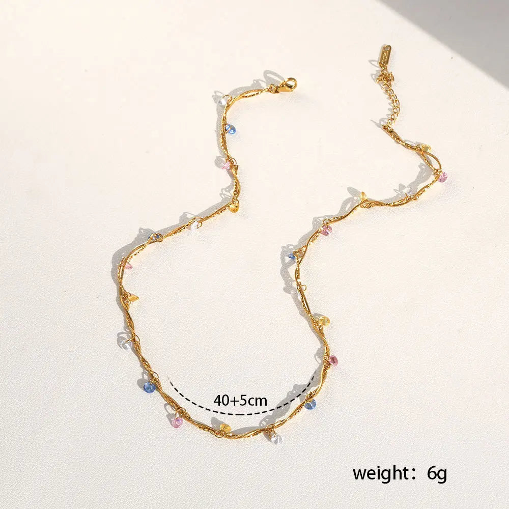 Twisted Stainless Steel Link Chain Necklace Women Fashion Summer Boho Jewelry Rainbow Crystal Charm Necklace