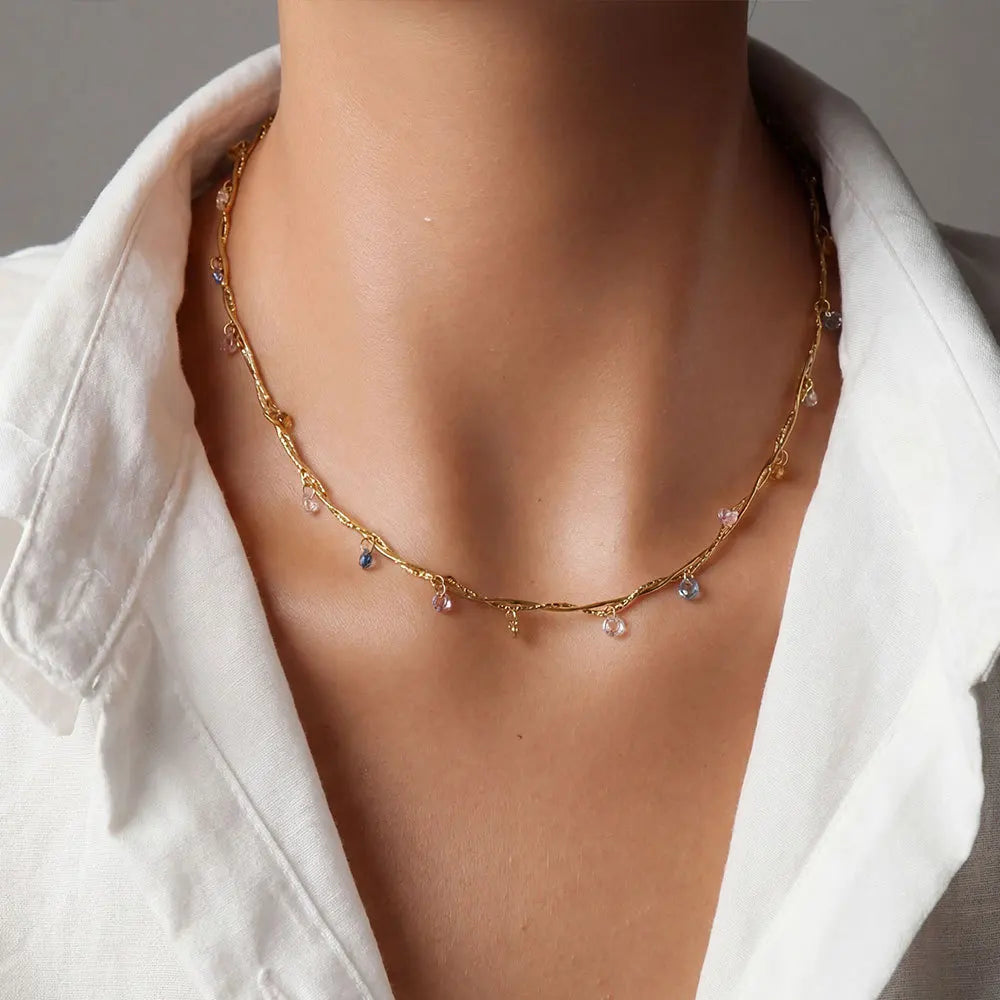 Twisted Stainless Steel Link Chain Necklace Women Fashion Summer Boho Jewelry Rainbow Crystal Charm Necklace